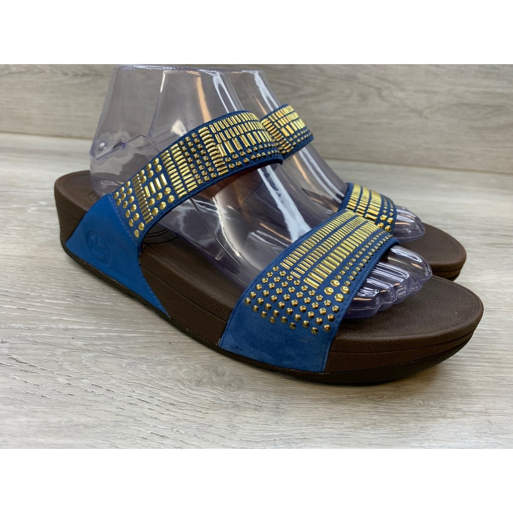 FitFlop Blue Gold Studded Slide Sandals Women's 9 Comfort Casual Shoes